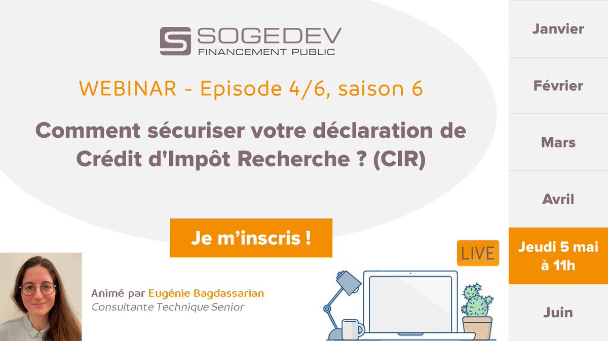 [#WEBINAR] Vous allez déclarer du Crédit d’Impôt #Recherche ou avez déjà déposé votre déclaration #CIR ? Comment sécuriser votre déclaration ? 🔍

RDV le jeudi 5 mai 2022 à 11h pour tout savoir !
✅ Inscription via : register.gotowebinar.com/register/33309…

#financement #innovation