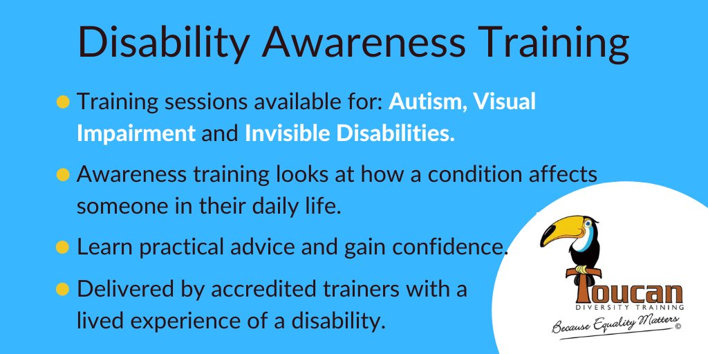 ToucanDiversity's tweet photo. Do you know what #DisabilityAwarenessTraining is? Unlike other training, awareness training looks at how a condition affects someone in their daily life.
We offer a variety of sessions, read more about them here:https://t.co/MsZstKb2ta https://t.co/fwtCZAcde9