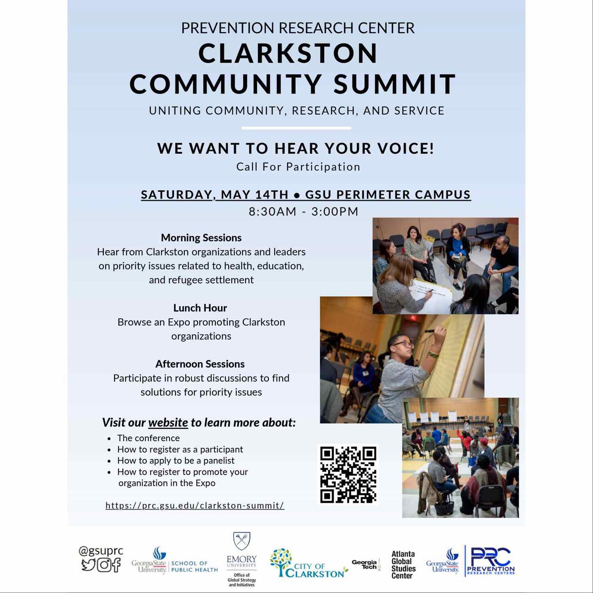 gsuprc's tweet photo. Mark your calendars! The Clarkston Summit is back! Join us May 14th to hear community leaders and organizations discuss how to improve healthcare, resettlement, and early Childcare Education in the community. Come out and join the conversation. Registration is in our bio. https://t.co/kESLXucJrq