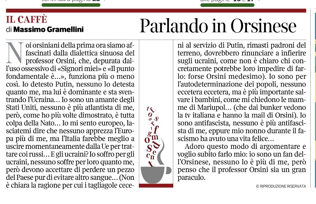 Oggi sul Corriere Gramellini fa chiarezza  sui tanti Orsini che ci circondano 👍👏.