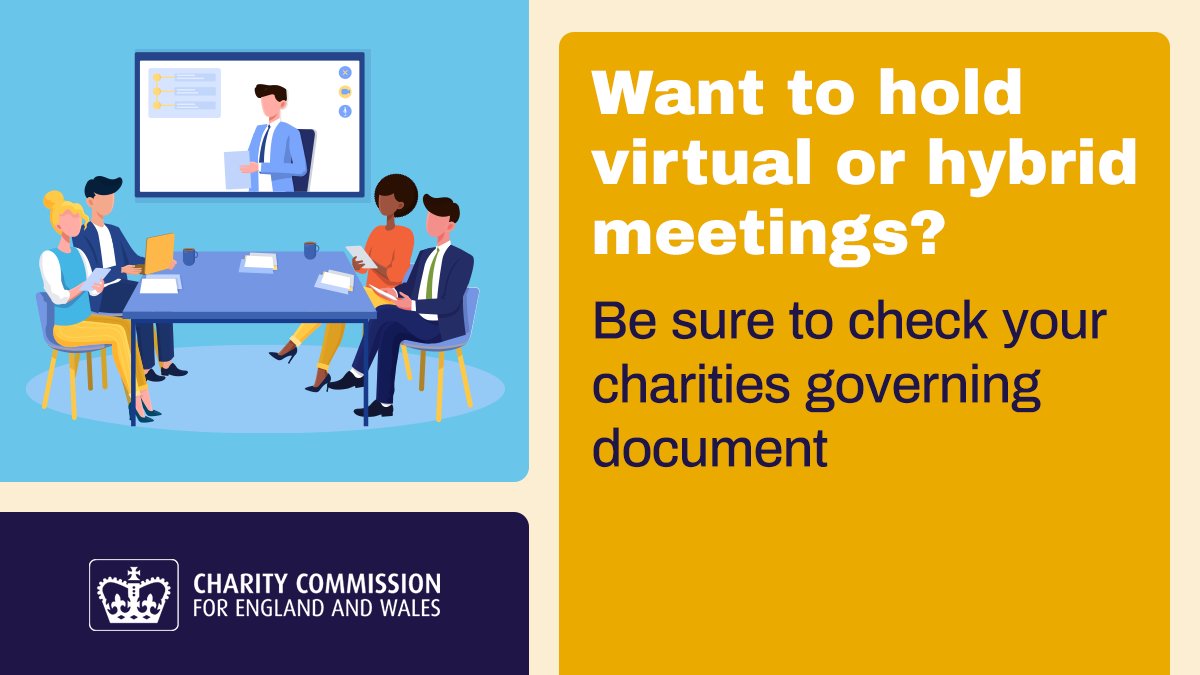 Our more flexible approach to charities holding meetings has come to an end.

From 22 April 2022 if your charity wants to postpone or cancel a meeting, or hold online, phone or hybrid meetings, you will need to make sure your governing document allows you to do this. ✅