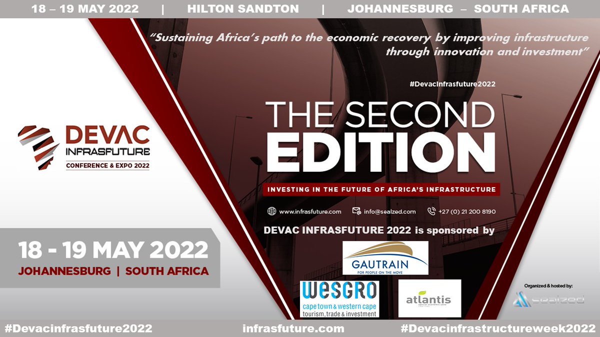 DevacInvest's tweet photo. 27 days to go until the 2022 edition of the #DEVACINFRASFUTURE #Conference & #Expo
#Savethedates: 18 - 19 May 2022 at the @HiltonSandton in #Johannesburg #SouthAfrica
There won't be a better opportunity to #network with stakeholders from #Africa key #infrastructure sectors! https://t.co/neM6ibwgzR