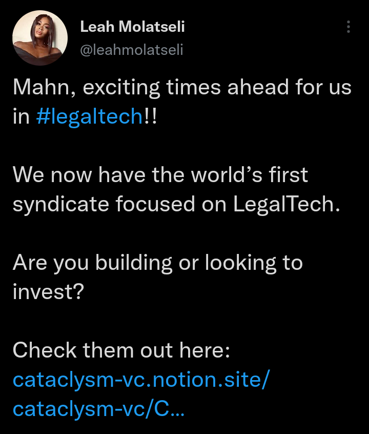 techlawyered's tweet photo. The world’s first syndicate focused on LegalTech has launched - Cataclysm Ventures.

Cataclysm Ventures is the worlds first and only syndicate investing into Legal Technology startups. Invests primarily at pre-seed &amp; seed stage in EMEA &amp; APAC.

Looking to get funding or invest in https://t.co/N4mqICtQrC