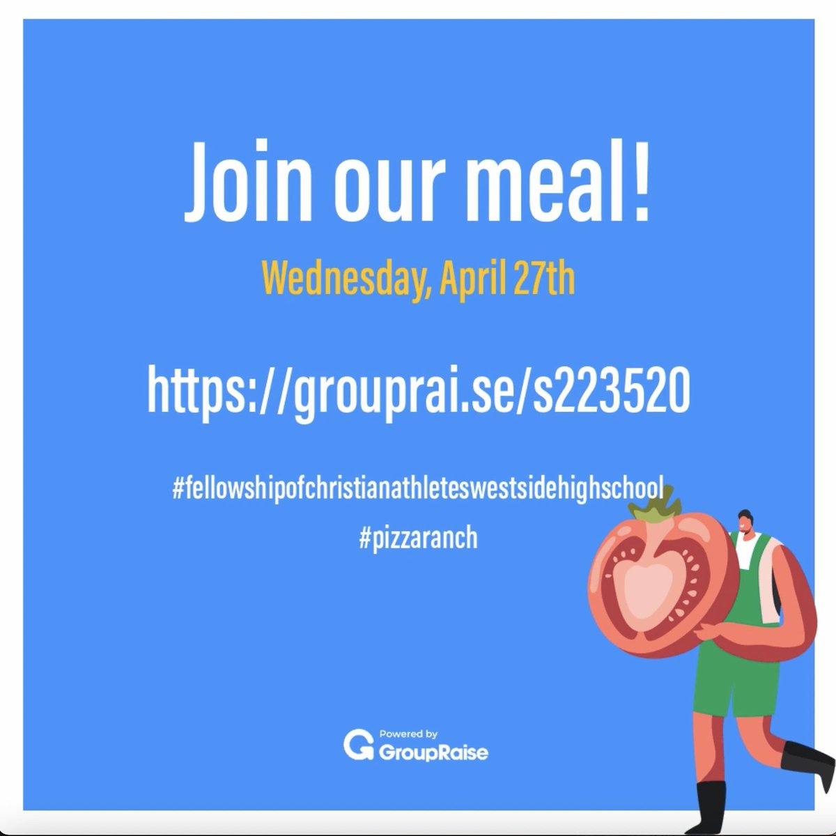 FCA Fundraiser for Wednesday, April 27 at Pizza Ranch. Come support Fellowship of Christian Athletes!