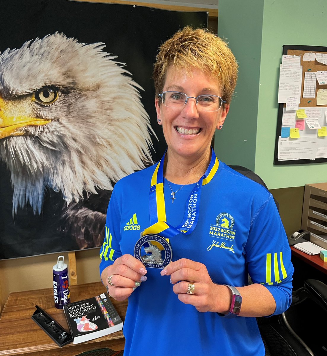 CMU alum and staff member <a href="/KStodgel/">Kris Stodgel</a> '07 with her Boston Marathon medal. 🏅Congratulations, Kris! 💪🏃‍♀️🦅