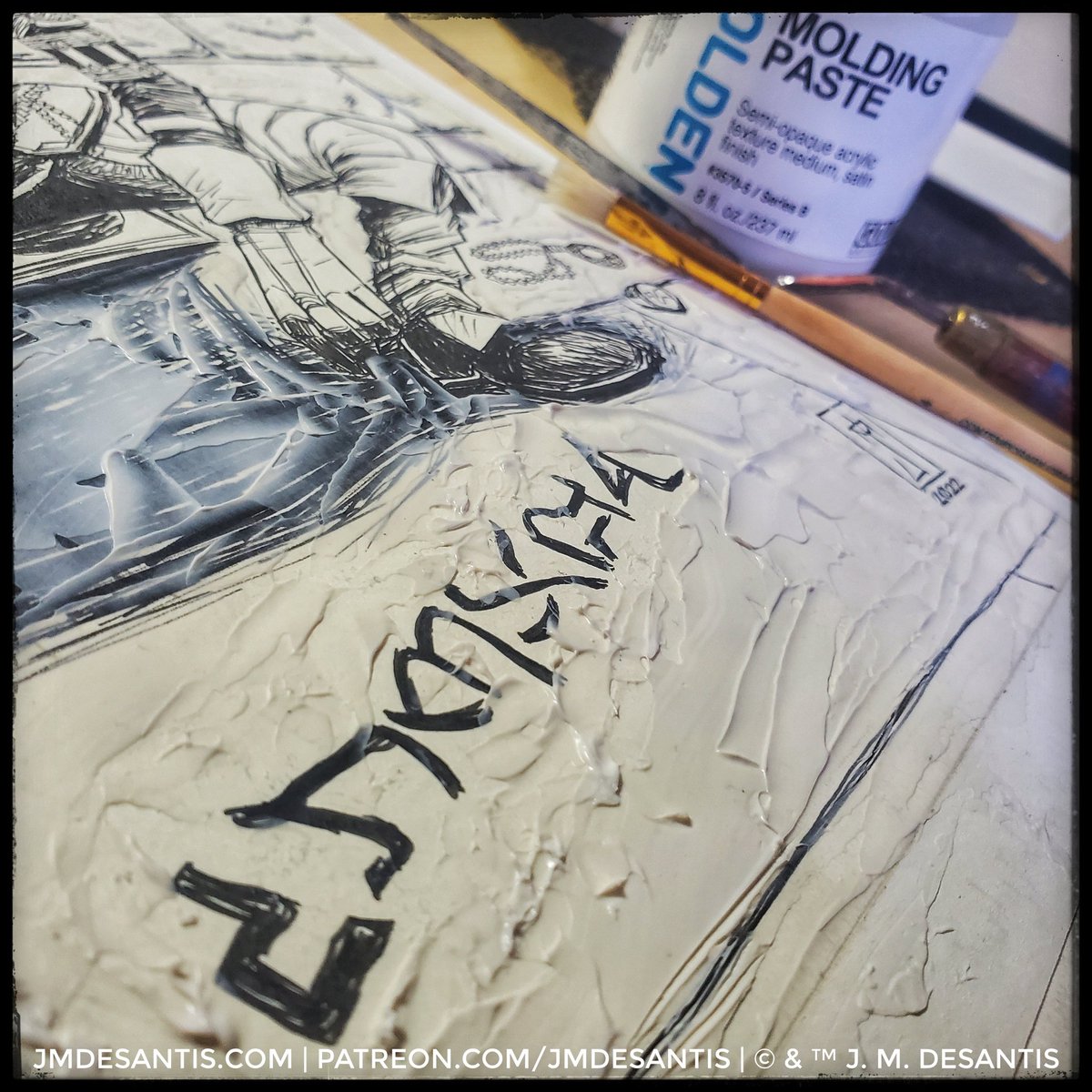 jmdesantis's tweet photo. Trying new molding paste. Always used lightweight, but I already like this standard ver. better. For those wondering, this is how I get textures in my acrylic paintings (w/thanks to Ayami Kojima).
#art #acrylics #acrylicpainting #painting #moldingpaste #DarkSouls #summonsign https://t.co/g1Omi3h0Y6
