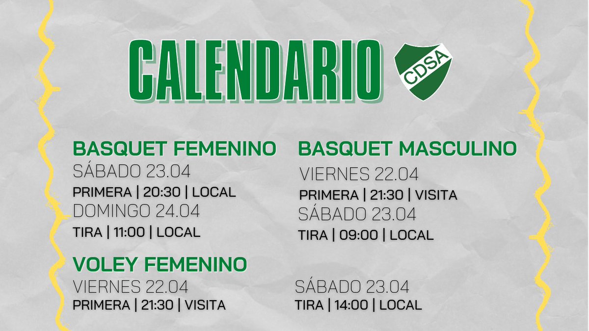 Agenda Deportiva 💚

🏐Vóley Femenino
🏀Básquet Masculino
🏀Básquet Femenino

#VamosDepor #SomosMasQueUnEquipo
