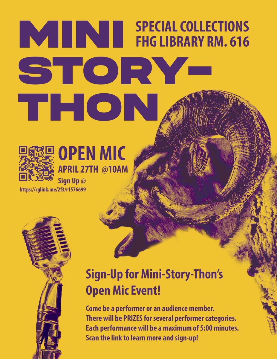 🎙 Sign-Up for Mini-Story-Thon's Open Mic Event! 

Come be a performer or audience member. There will be PRIZES for several performer categories. Each performance will be a maximum of 5:00 minutes. 

Sign up with Ram Connect:
cglink.me/2f3/r1576699

<a href="/WCUSpecColl/">WCUSpecColl</a>