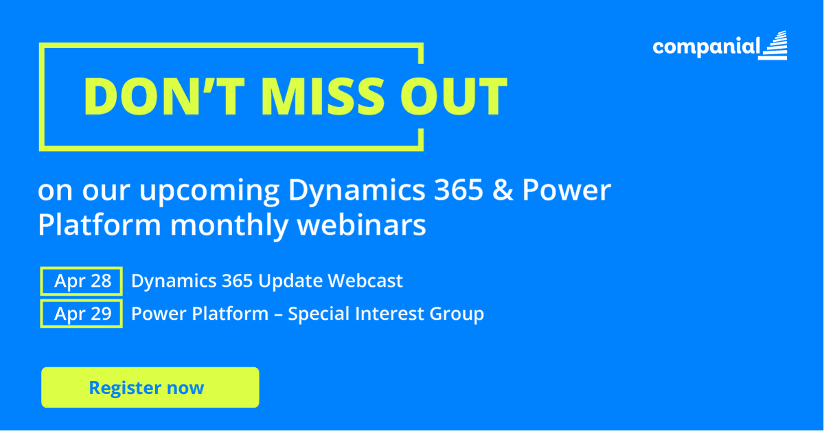TrueCompanial's tweet photo. Get the latest #D365, #PowerPlatform, &amp; #CRM news from technical, functional, &amp; business perspectives in our expertly-delivered webcasts:

𝗔𝗽𝗿 𝟮𝟴 - D365 Update Webcast → https://t.co/SDhvzxZUZX
𝗔𝗽𝗿 𝟮𝟵 - Power Platform – Special Interest Group → https://t.co/j8N585ftXS https://t.co/TE5vRQoOJm