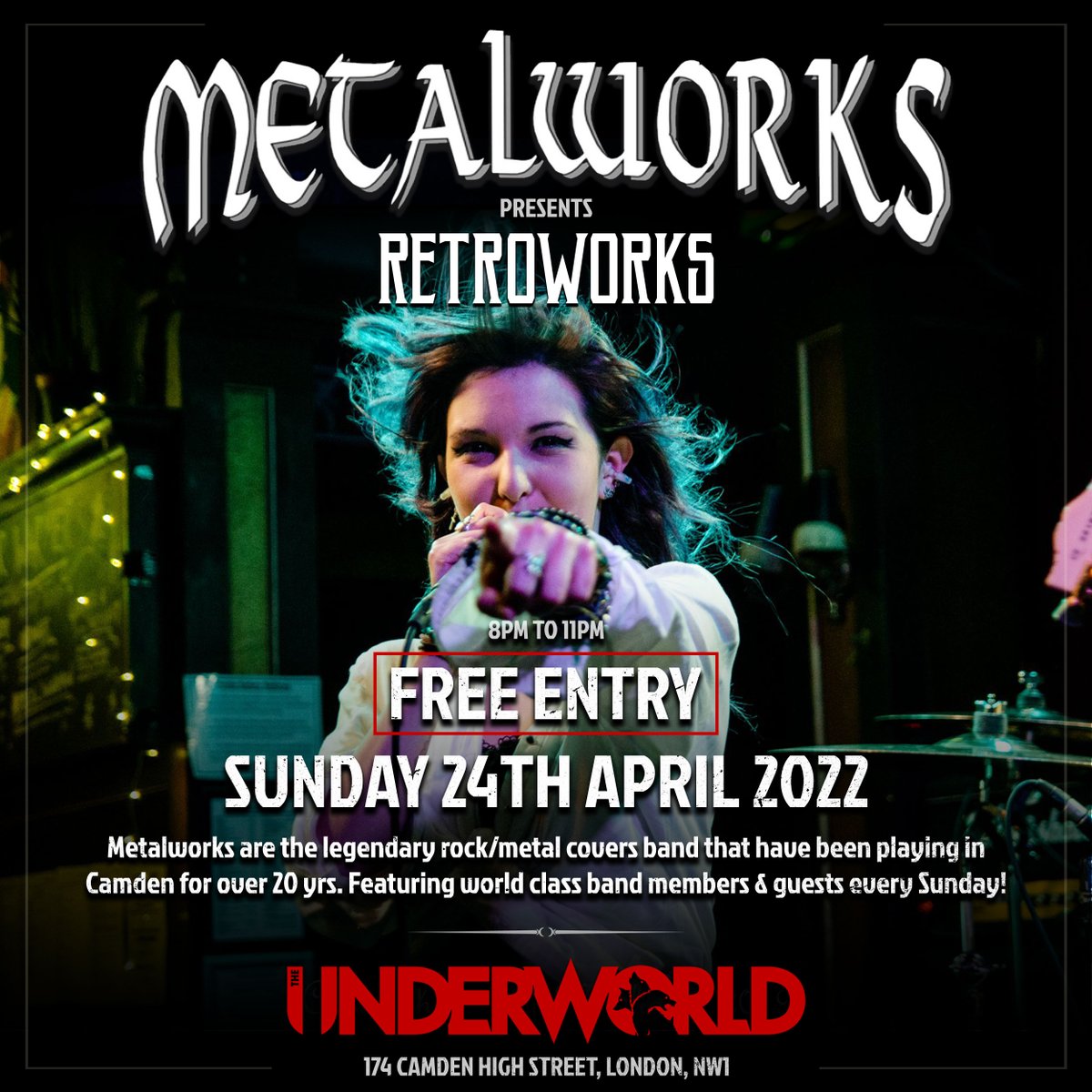 TheUnderworld's tweet image. This Sunday at @TheUnderworld, @MetalworksRock are kicking off with a #RetroWorks set featuring Rachael on vocals, with Matt Pearce &amp;amp; Rocky Valentino on guitars, Gus Macricostas on bass, Chris Burgham on keys &amp;amp; Tim Churchman on drums.

Find out more: facebook.com/events/5124077…