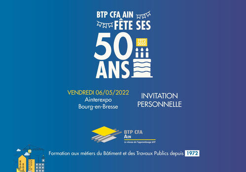 FayardPascal's tweet image. 1972 - 2022 -&amp;gt; le BTP CFA Ain fête ses 50 ans cette année !!
Nous vous invitons le vendredi 6 mai à 18h.
Inscrivez-vous vite et réservez votre billet (gratuit) sur bit.ly/50ans-btpcfa-a…
Nous vous attendons nombreux, parlez-en autour de vous !! Entre amis...
A très vite 😁🎊🎉