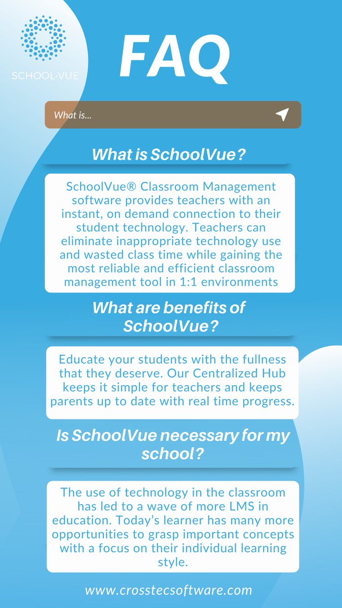 CrossTec's tweet photo. What is SchoolVue? Here are some FAQs! 

https://t.co/qf88VgYErp 

#teachers #students #studentengagement #teacher #teacherresources #educationtechnology #education #classroommanagement https://t.co/1w3aFYy4vK