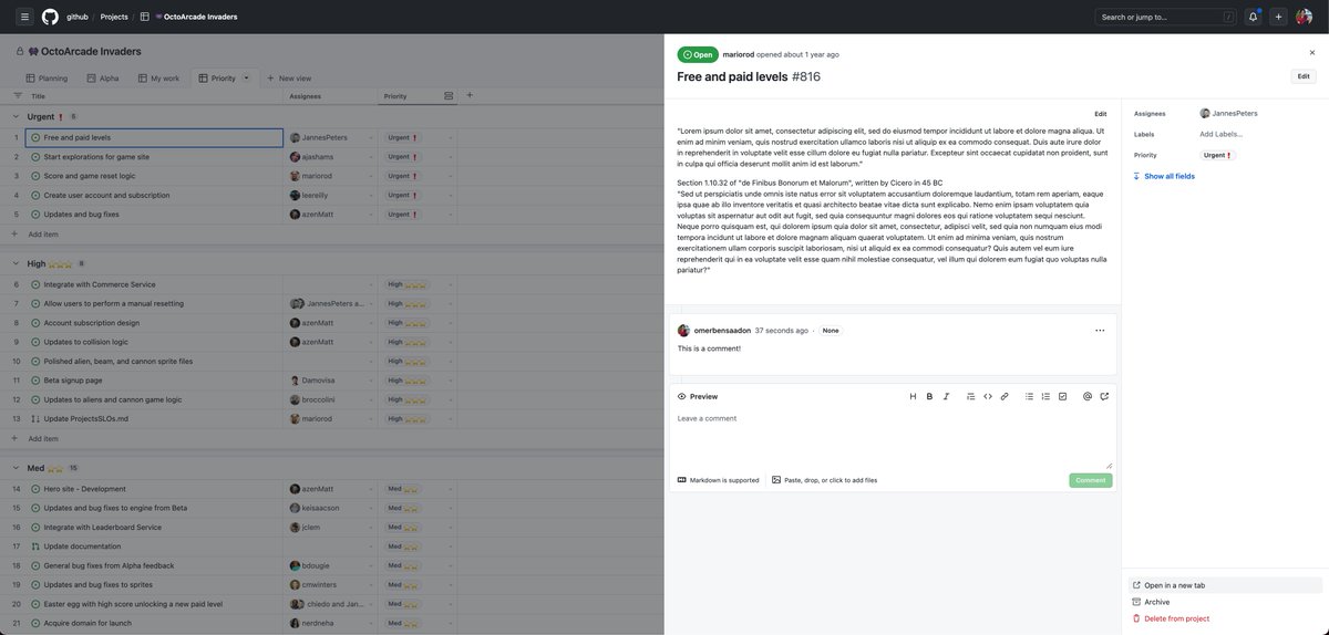 is your OSS team using GitHub Projects? 

Looking for organizations to flag into our beta Side Panel and give us some feedback (see image; not shown: ability to add emoji reactions + open/close issues) 

Any takers? DM me!