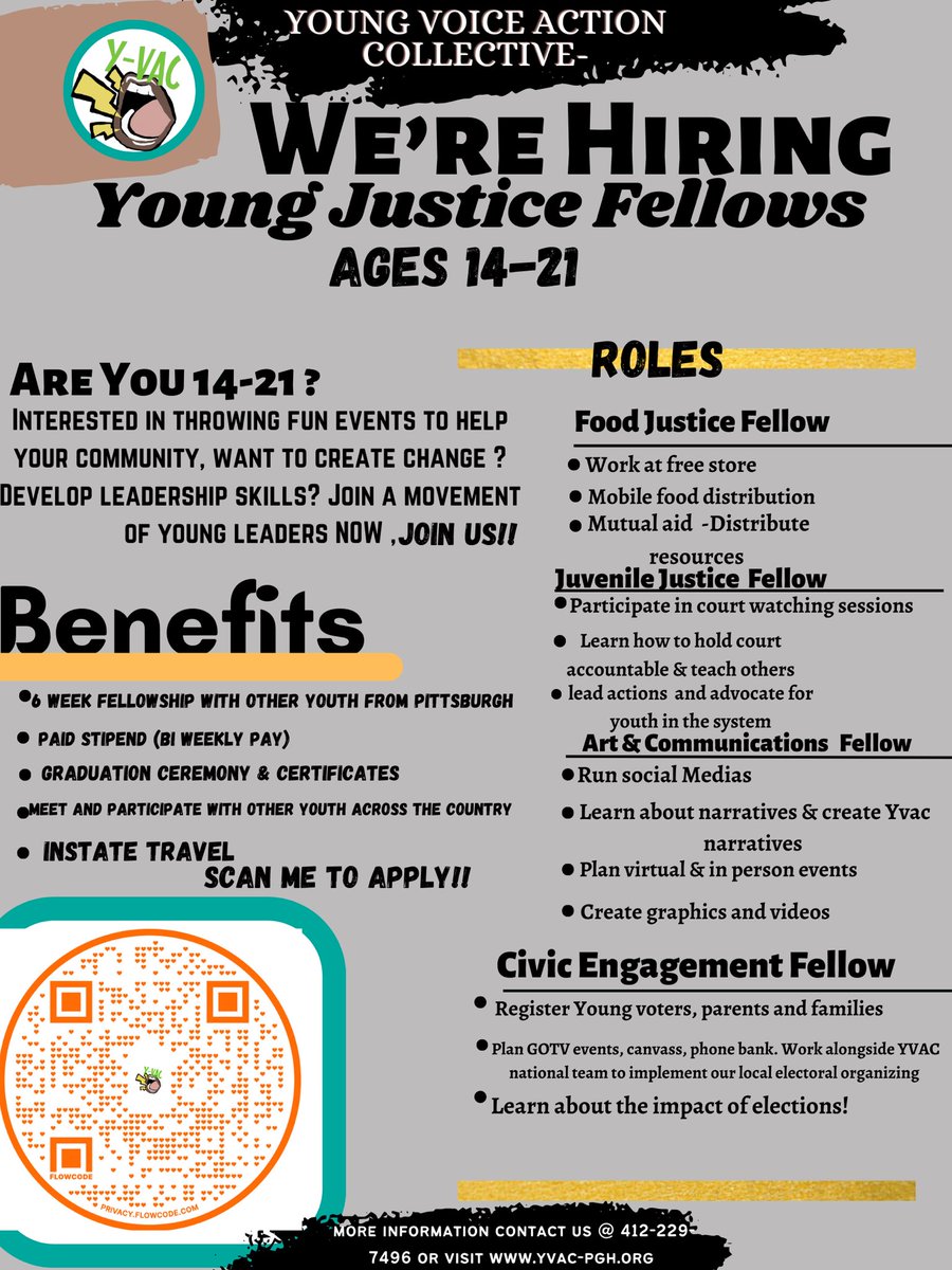 🎉yes YVAC PA is hiring🥳!! Ages 14-21
We are looking to bring in 40 Young people to participate in our summer fellowship. If you or someone you know who may be interested please scan the QR code or click the link in our  bio to apply (YVAC PA-Young Justice Fellows) share &amp;repost