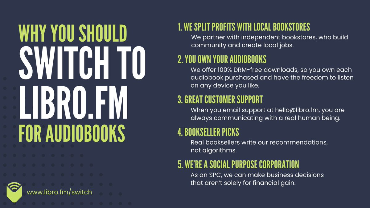 librofm's tweet image. When you make the switch from Audible to Libro.fm, you support local bookstores with your audiobook membership—keeping money within your local economy, creating local jobs, and making a difference in your community. 🔁

Make the switch: libro.fm/switch