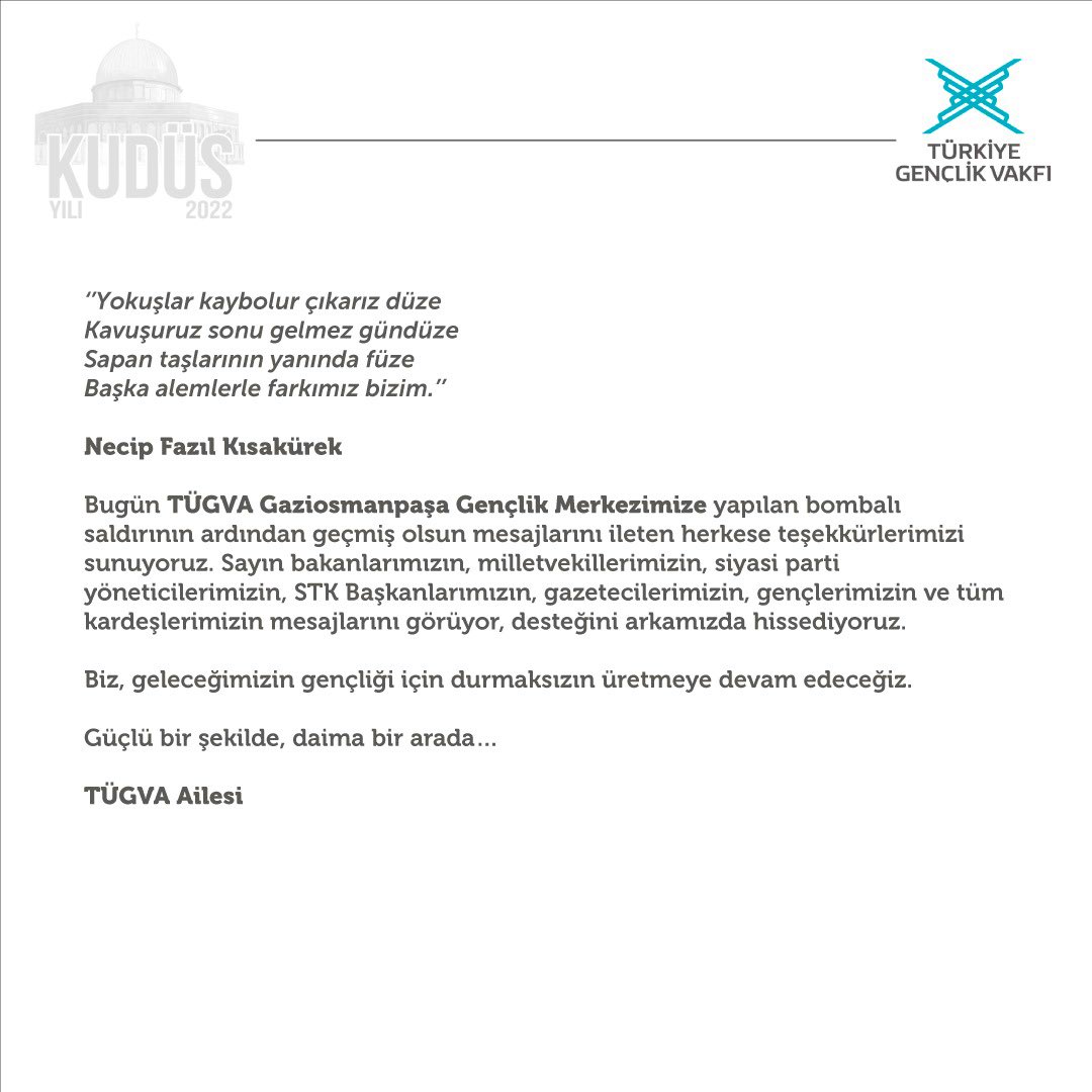 eminogluenes's tweet photo. “TÜGVA Gaziosmanpaşa Gençlik Merkezimize” yapılan bombalı saldırının ardından geçmiş olsun mesajlarını ileten herkese müteşekkiriz. 

TÜGVA Ailemizden sevgilerle… https://t.co/3BrvynM5OX