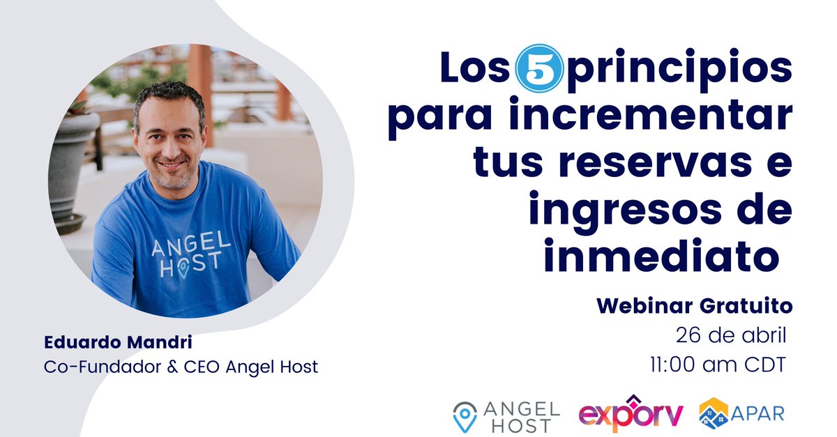 Acompáñanos este martes siguiente 📅 en nuestro webinar gratuito en donde nuestro Co-Fundador y CEO, compartirá los 5 principios que multiplicarán tus reservas e ingresos. 💰

Al registrarte, recibirás la grabación posterior al evento 😉 

Registrate aquí: us02web.zoom.us/webinar/regist…