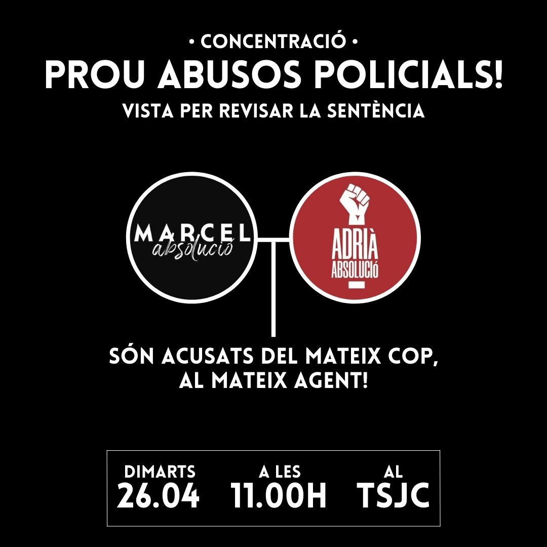 ⚠️CONCENTRACIÓ⚠️

👁️Vista per revisar la sentència de 5 anys de presó!

📑La defensa exposarà el cas de la doble imputació.

🤯Tant <a href="/MarcelVR1/">Marcel Vivet Regalón</a> com <a href="/Adria_absolucio/">#AdriàAbsolució</a> són acusats del mateix cop, al mateix agent, el mateix dia, lloc, hora

⁉️La mateixa causa contra dues persones!