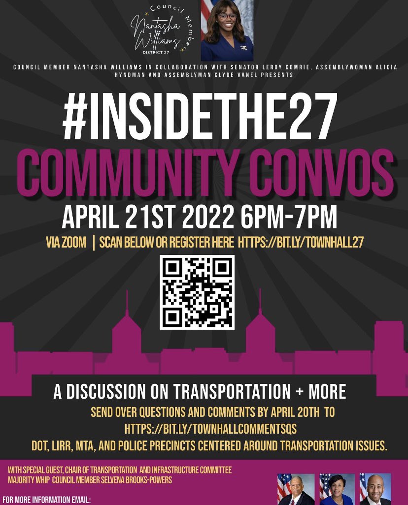 CMNantashaW's tweet photo. TODAY! Join my office at 6pm for the start of our #CommunityConvos! The first town hall will be virtual and on #transportation. We will have representatives from @NYC_DOT , @mtalirr, @mta, and @nypd. To register and submit a question, visit the link on my bio. https://t.co/HHvAjtmfeb