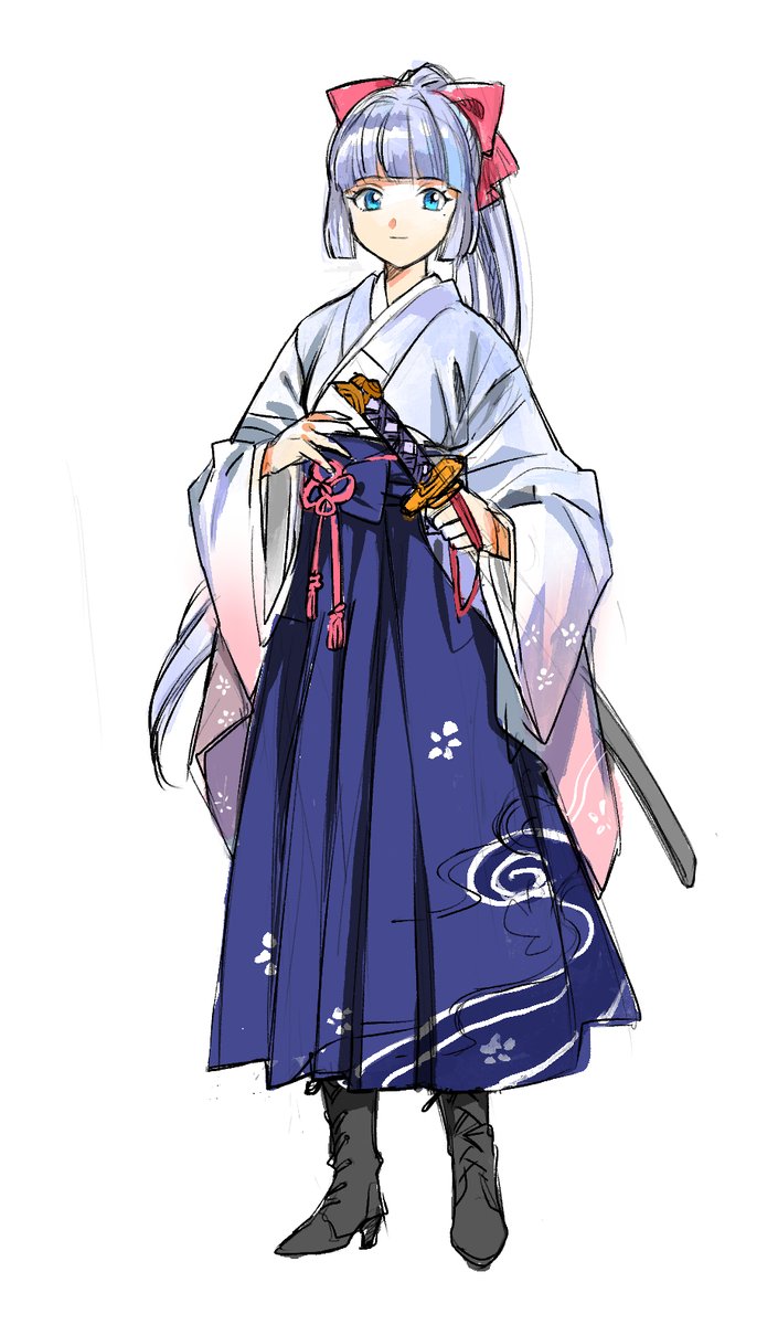 kamisato ayaka 1girl weapon japanese clothes sword solo boots blue eyes  illustration images
