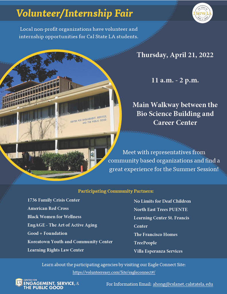 CalStateLAServe's tweet image. The day is here! Today&apos;s fair seeks to provide all Cal State LA with connections between community organizations and students in need of service hours or experience. If you can&apos;t make it to our event, you can find the same opportunities and more on Eagle Connect!