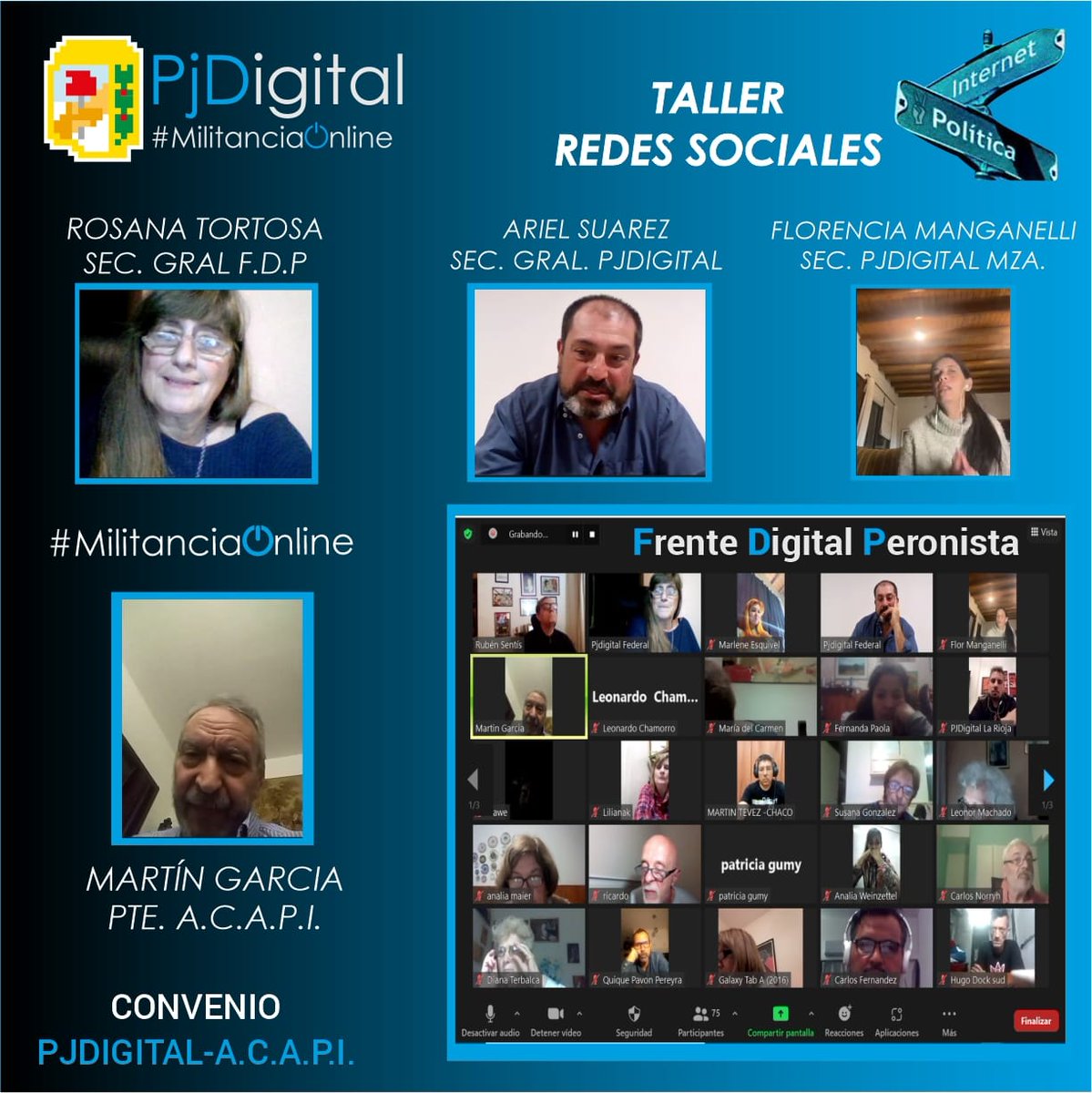 PJDigitalAR's tweet photo. El @PJDigitalAR y la Asoc de Comunicadores Arg por Internet (ACAPI) celebraron un Convenio de Colaboración y Articulación y cómo 1ra acción los integrantes de ésta última organización participaron del primer encuentro, de 6, del Taller Práctico de Redes Sociales
#TallerPJDigital https://t.co/09X9DTCilJ