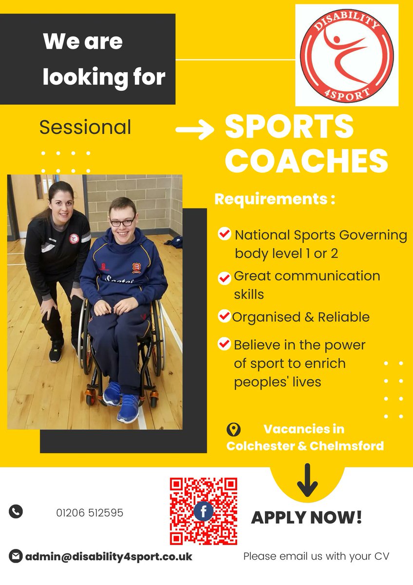 We are looking to recruit more sports coaches to work across a number of different programmes we have running in Colchester &amp; Chelmsford.

If you are interested to find out more please send a CV in to admin@disability4sport.co.uk and a member of our team will be in touch