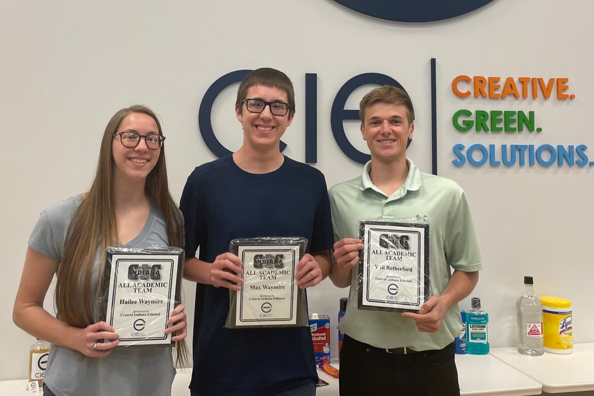 3 of Elwood High School’s top students were honored today at Central Indiana Ethanol with a luncheon and a plaque. Students are selected based on their unweighted GPA and their SAT/ACT scores. Students pictured are Hailee Waymire, Max Waymire and Will Retherford. #pantherproud