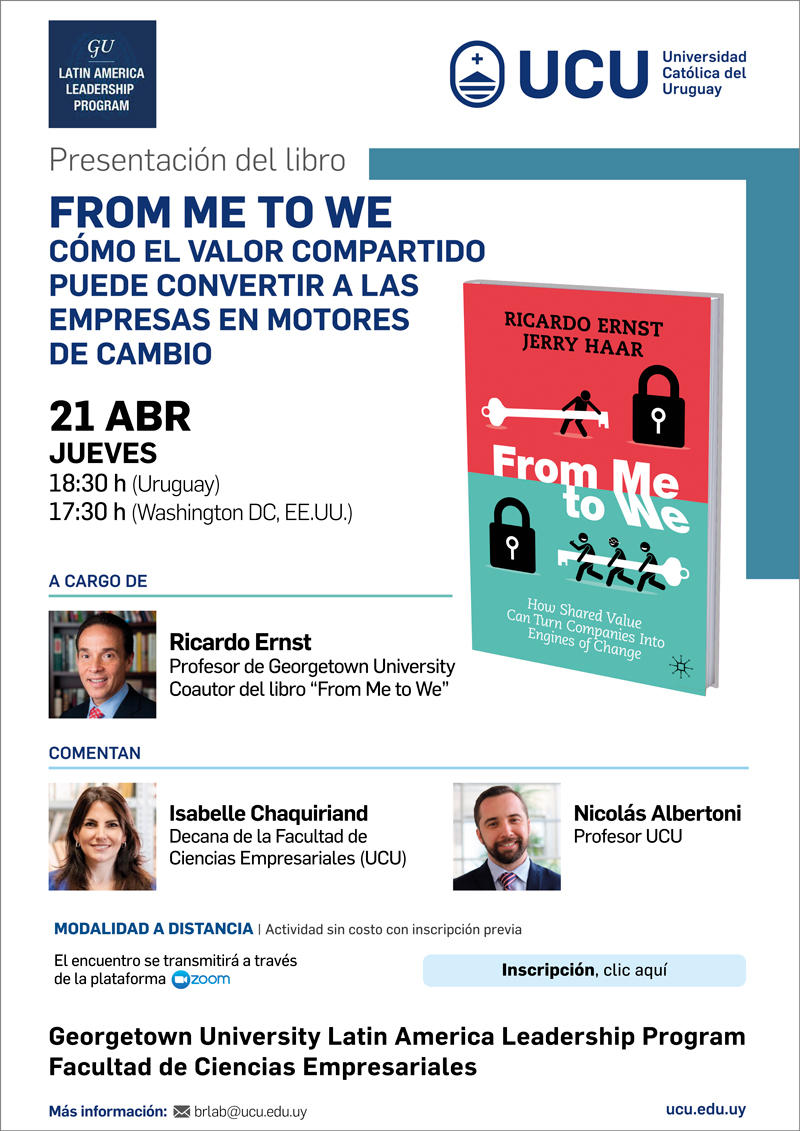 N_Albertoni's tweet photo. Nos vemos en un rato para conversar, junto a @ichaquiriand, con @Ernstr_97 sobre su nuevo libro #FromMeToWe, que analiza  cómo el valor compartido puede convertir a las organizaciones en motores de cambio. Cc @GUAmericas @empresasucu https://t.co/E2gTGXuFl7