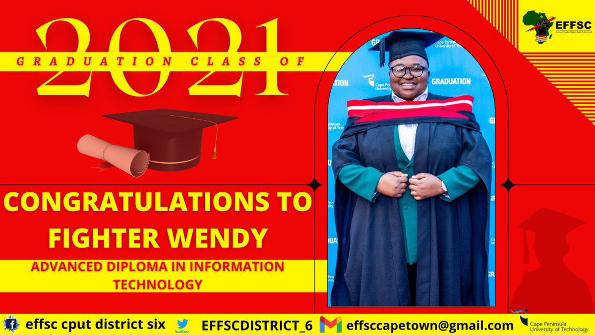 EFFYCDISTRICT_6's tweet photo. Congratulations to the Chairperson of D6 EFFSC Led LSRC fighter Wendy Kondlo. Second belt to the leadership, the first student of D6 Campus π€πβ€οΈ
#SizofundaNgenkani
#fightersmustgraduate
#AcademicExcellence
#CPUTGRAD2022 https://t.co/0EsDWWHMur