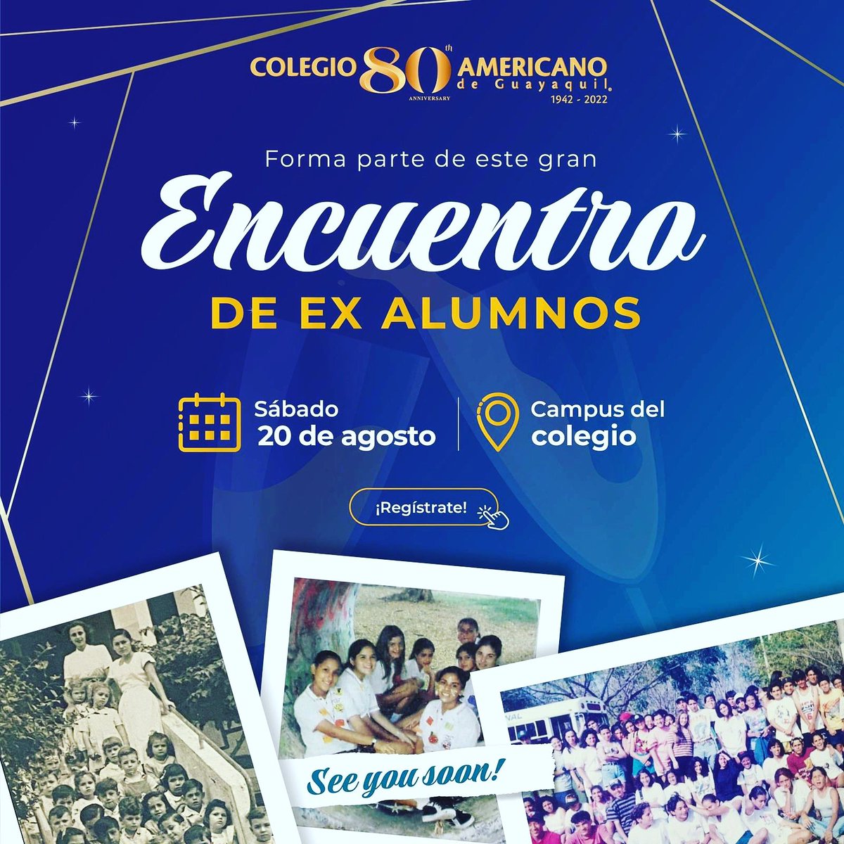Aexacag's tweet photo. Gran Reencuentro de los Ex Alumnos del Colegio Amricano de Guayaquil por sus 80 años. 
Estaremos comunicando más detalles.
“The school that we love and honor” https://t.co/Vp2QXmMFvM