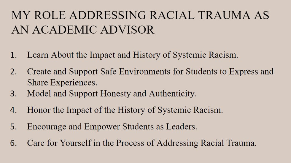 NACADA's tweet photo. Our role in addressing racial trauma as academic advisors:
#nacadaweb #acadv https://t.co/WLdugWFq6W