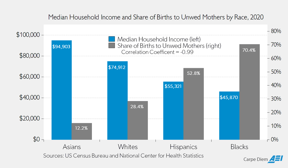 Mark_J_Perry's tweet photo. Median Household Income and the Share of Births to Unwed Mothers by Race in 2020. See any patterns? 
@CHSommers @stevenfhayward @Ravarora1 @pmarca https://t.co/ASpUMscHam