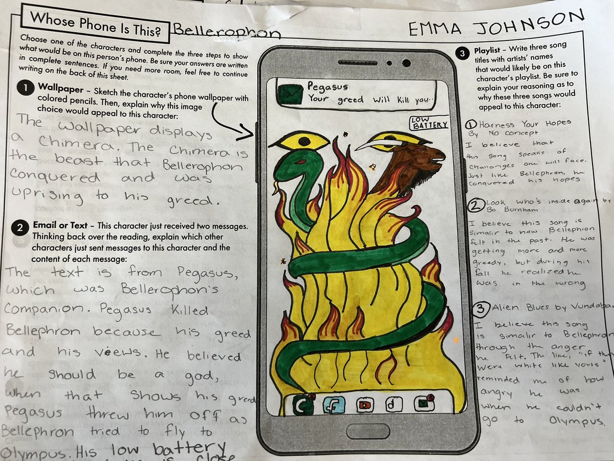 MrsJsrrhs's tweet photo. Mythology review: They each spun the wheel and created their mythological being’s cell phone. Some clever ones! @isd47 #mythology https://t.co/9FHk6v2dQY