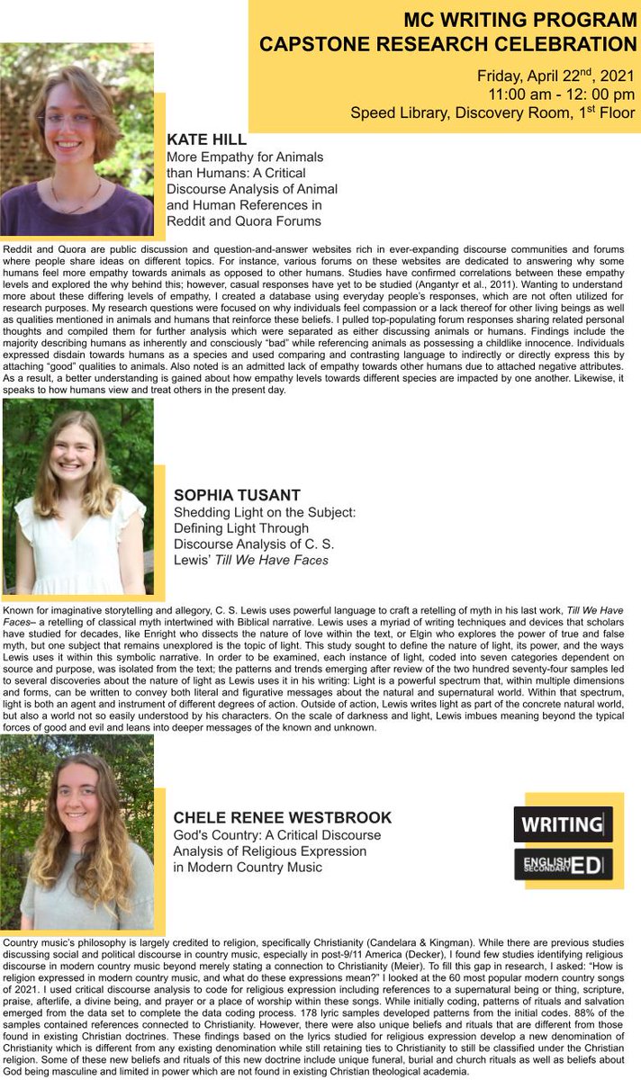 One day, @MissCollege, until the <a href="/MC_Writing/">MC Writing Program</a> Capstone Research Celebrations--Friday, 11 am - noon, <a href="/MC_SpeedLibrary/">MC Speed Library</a>! Come join us for round-robin discussions, conversation, and refreshments. Thank you for supporting undergraduate research! <a href="/mc_engphil/">MC Department of English & Philosophy</a>