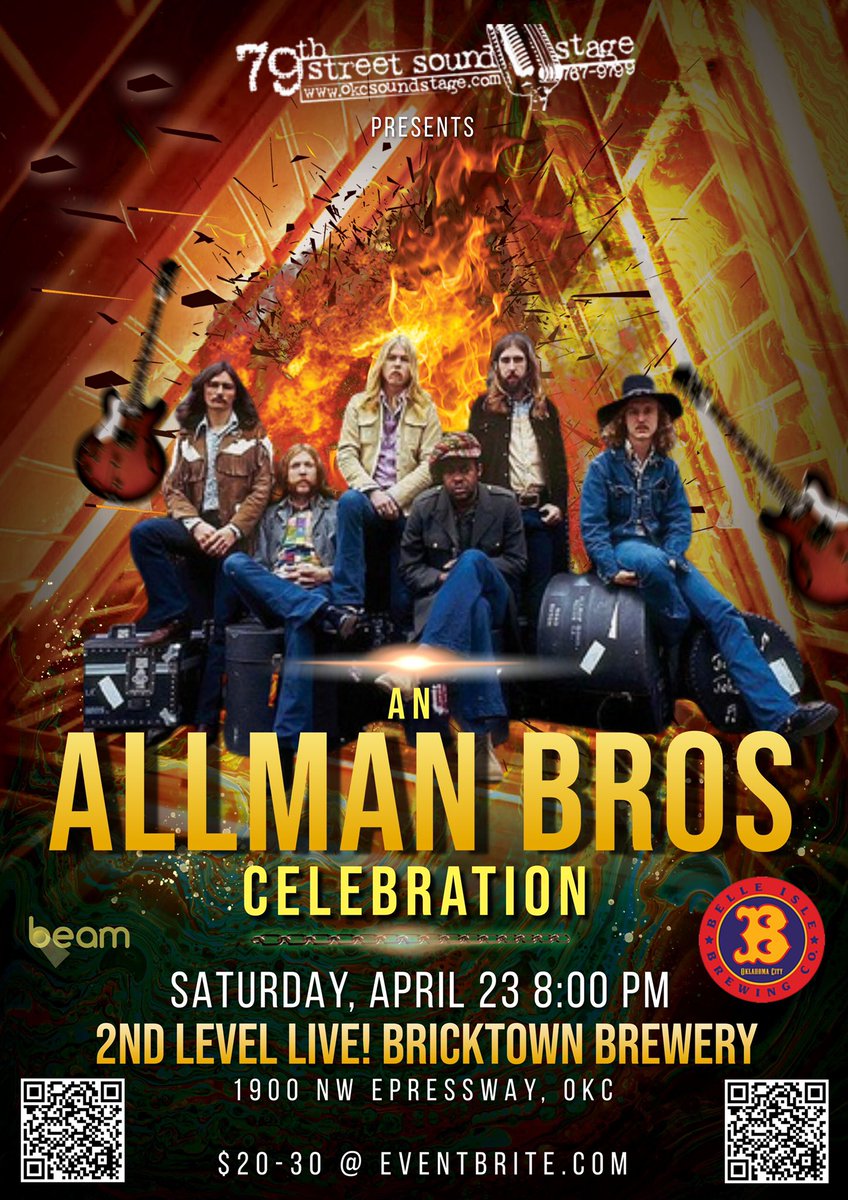BeamGroup's tweet photo. #allmanbrothers #celebration #thissaturday 4/23 8p @BelleIsleBrew ! #50years #eatapeach !! #tix @eventbrite #troublenomore #okcnightlife #tributes #are #fun @79thstreet https://t.co/uQAiwhBcRW