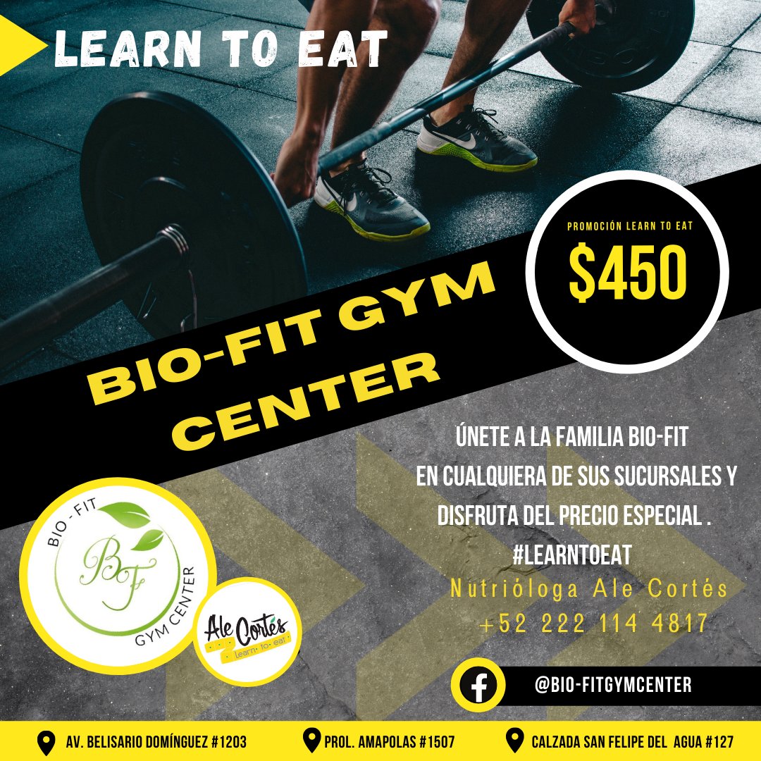 learntoeatoax's tweet photo. En #LearnToEat sabemos que una buena alimentación va a la par de una buena rutina de ejercicio es por eso que te invitamos a conocer  #BioFitGymCenter en cualquiera de sus 3 sucursales.  
Y hacer válido el descuento que tienen para nuestra comunidad.
@ale_cortest 
🍴🍃🍉 https://t.co/skkbF3BeKU