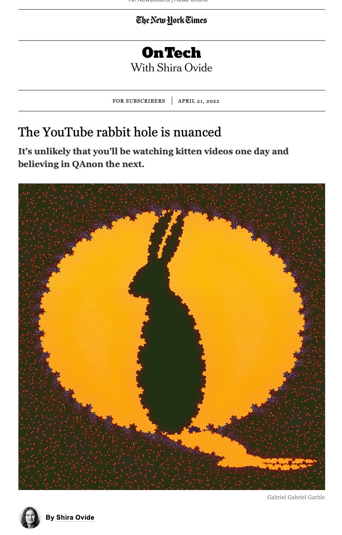 BrendanNyhan's tweet photo. Our new research on how people come to view potentially harmful YouTube channels - new research with @annie_y_chen, @JasonReifler, @RERobertson, &amp; 
@bowlinearl https://t.co/VfcOUkSZ9t

Featured in today's NYT On Tech newsletter by @ShiraOvide https://t.co/EOex8qXd6Y https://t.co/QIIL7GTkln