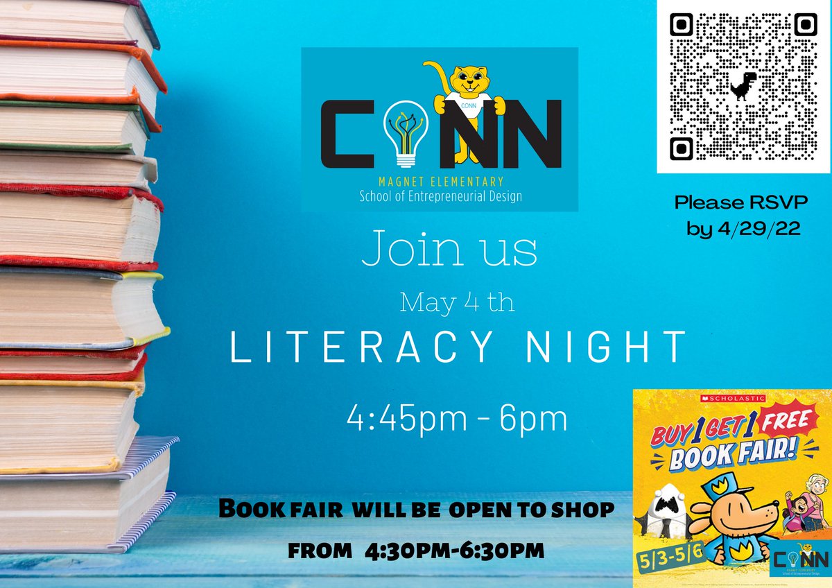 📢Literacy Night is 5/4! Please join us! It would be great for you to RSVP by 4/29.Scan QR code to RSVP.📙  #ConnE #CONNmUNITY #wcpss #literacynight