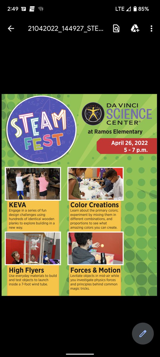 asdramoselem's tweet photo. Ramos Families are invited to a STEAM Night partnered with the DaVinci Science Center next Tuesday Night (4/26/22) from 5-7pm.  See the attached flyer for more details. https://t.co/FhP9hLayMW