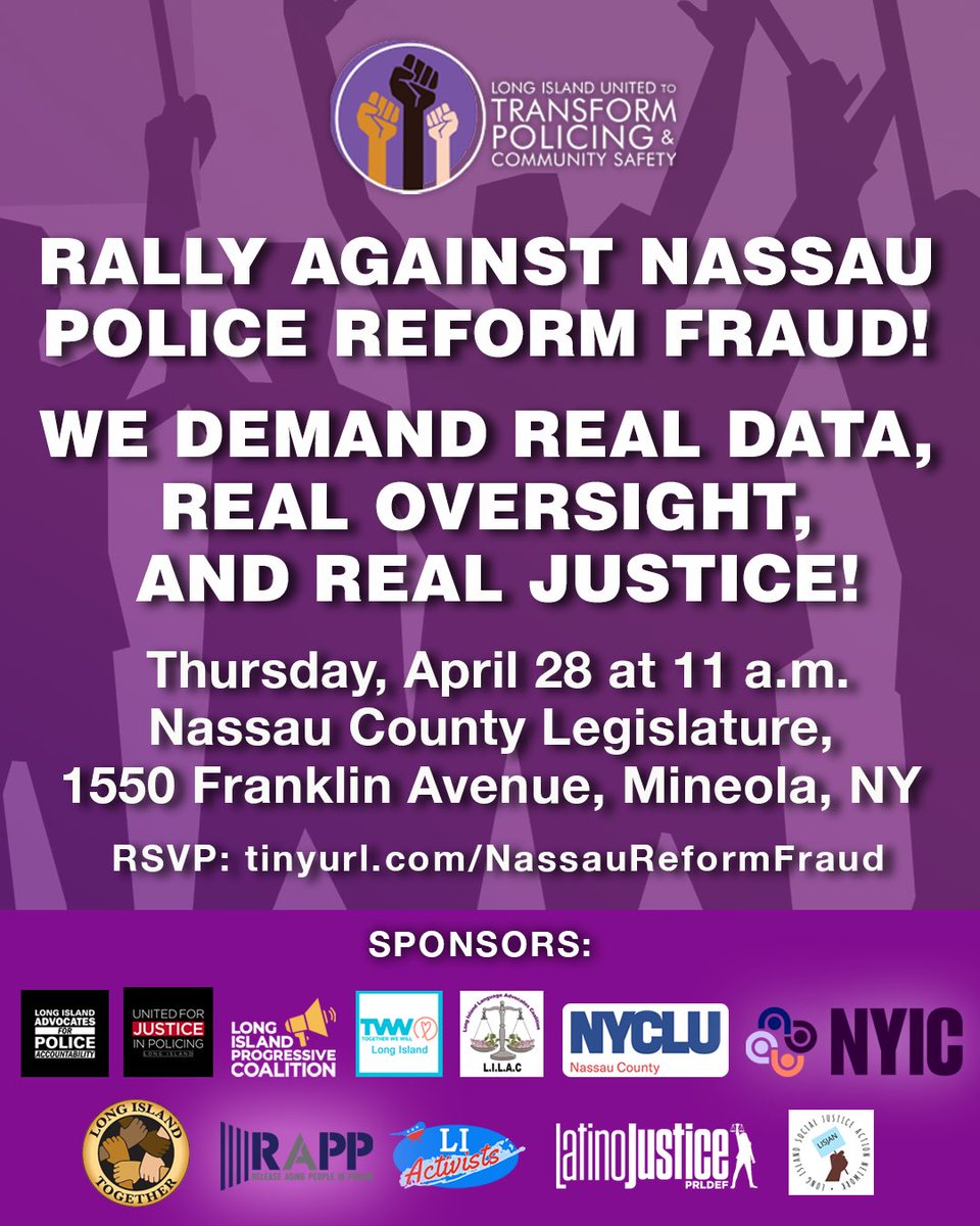 li_united's tweet photo. APRIL 28 @ 11AM: Join us at the Nassau County Legislature in Mineola to mark the one-year anniversary of the county’s police reform farce. We demand real data, real oversight, and real justice!

RSVP: https://t.co/zBgrs2f245 https://t.co/sYGIS0zwbQ