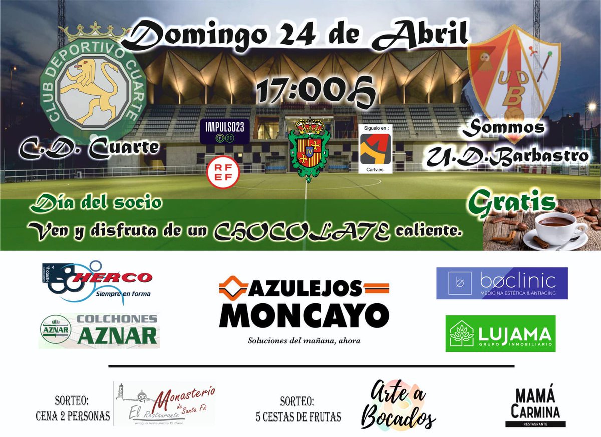 cdcuarte's tweet photo. Último partido en casa. Día del Socio que podrán entrar con 2 acompañantes gratis y además también podrán entrar todos los familiares que vengan con nuestros jugadores/as del club. Y por si fuera poco gran chocolatada gratis ☕️🍫. @cdcuarte 🆚 @UD_Barbastro https://t.co/5XO5hdk96f