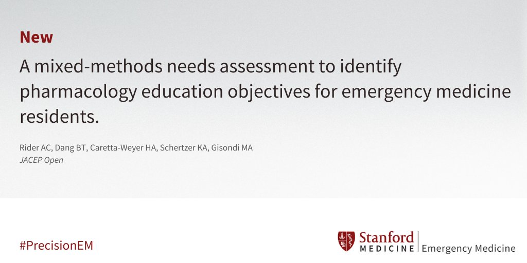 New! A mixed-methods needs assessment to identify pharmacology education objectives for emergency medicine residents. 

ow.ly/lCbj50IM17p

#meded #precisionEM @ac_rider <a href="/holly_cw/">Holly Caretta-Weyer, MD, MHPE</a> @MikeGisondi <a href="/KASchertzer/">Kimberly Schertzer, MD</a>
