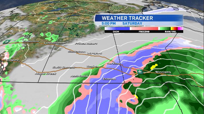 BradlynOakes's tweet photo. This is what the system looks to be doing on Saturday. However, there is still some model variation in this storm which could lead to changes in precip type and track. However, you'll want to be aware that heavy snow, blowing snow and reduced vis are likely. #SaskWX @CTVRegina https://t.co/sQ5QOIcbKD