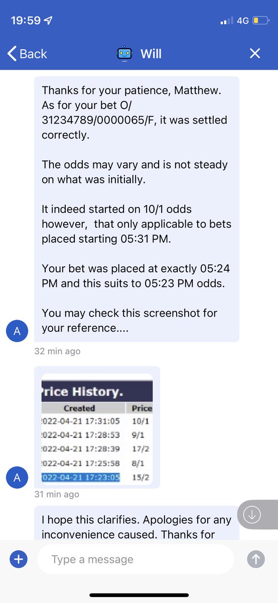 GoodsirMatthew's tweet photo. @WilliamHill utter disgrace! Back a horse at 15/2 (BOG) went off at 10/1! Spent 2 hours with support staff only for “Abby the supervisor” to tell me my bet was placed at 15/2……..it’s best odds guaranteed https://t.co/ejpfJG6GvE