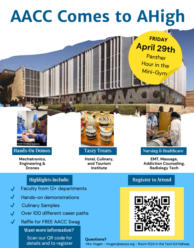 Hey <a href="/AnnapHS_AACPS/">Annapolis High School</a> <a href="/AnneArundelCC/">Anne Arundel Community College</a> is coming on 4/29 during both blocks of Panther Hour!  Faculty from 12+ departments, hands-on demos, &amp; tasty treats!  Register - forms.gle/Ci3TWBRGiU2QpU… or with the QR code below. <a href="/AHighCounseling/">AHS Counseling Dept</a> <a href="/AHighPTSA/">Annapolis HS PTSA</a> #AACPSAwesome #CollegeANDCareerReady