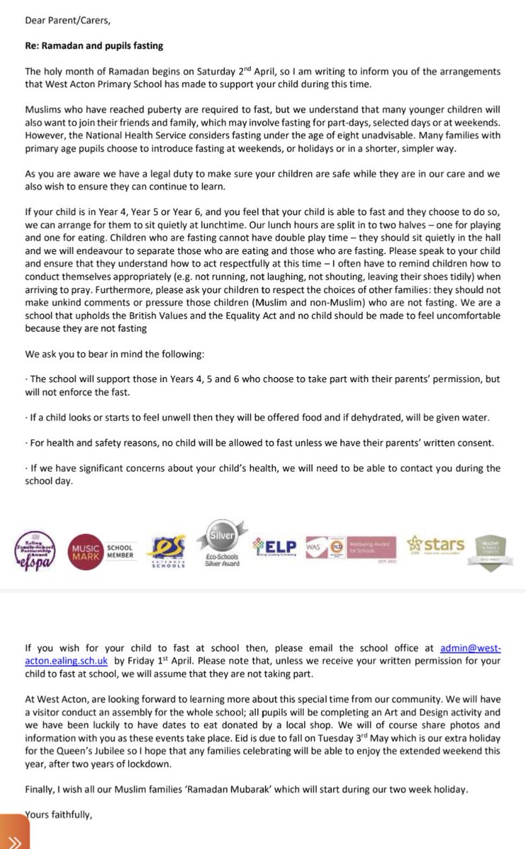 She mentioned don't make non-fasting children feel uncomfortable, whilst dedicating a whole letter to making fasting children feel uncomfortable 😯