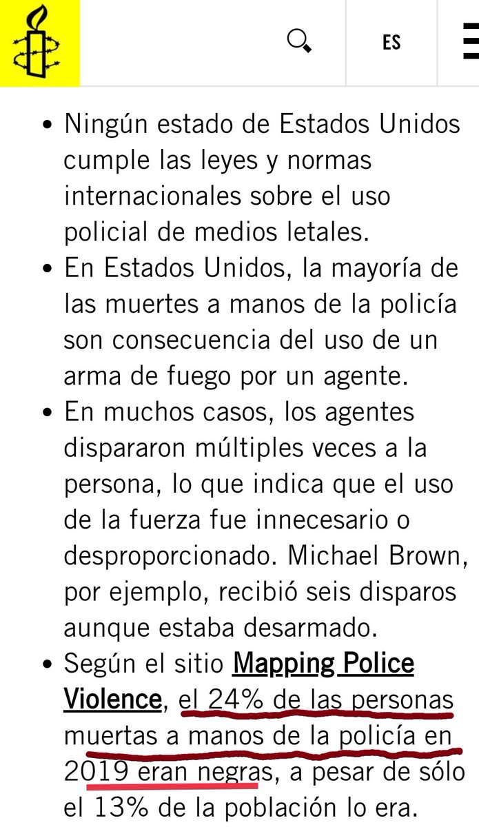 Jjlopez_almejo's tweet photo. Helena, la cosa es aún más grave. Según @amnistia y #MappingPoliceViolence, mueren asesinadas manos de la policía en EEUU más de 1000 personas al año por arma de fuego. Y los afro, a pesar de ser solo 13% de la población, representan el 24% de los asesinados. 👇 https://t.co/t7zhAfiJma