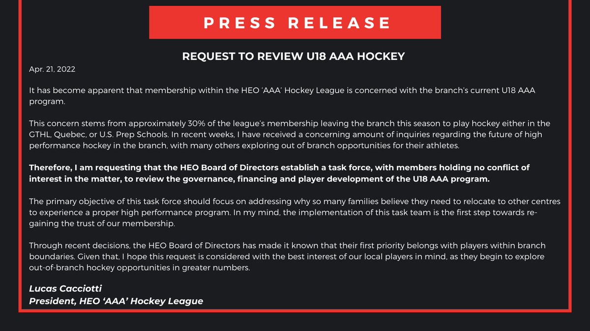 NEWS 📰 | HEO 'AAA' League requests review of U18 AAA hockey in branch

Read more ⬇️
