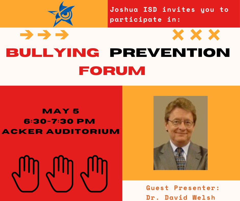 JoshuaISD's tweet photo. Make plans to attend our Bullying Prevention Forum on May 5, featuring guest speaker Dr. David Welsh. Dr. Welsh has over 30 years of experience as a psychologist and will go over common bullying dynamics, warning signs, and prevention measures. https://t.co/86BZoTT0BC